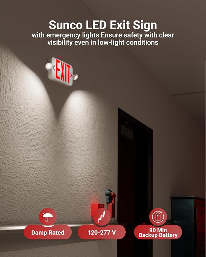 Sunco LED Exit Sign With Emergency Lights, Two Mini Adjustable Lights, 94V-0 - Image 2