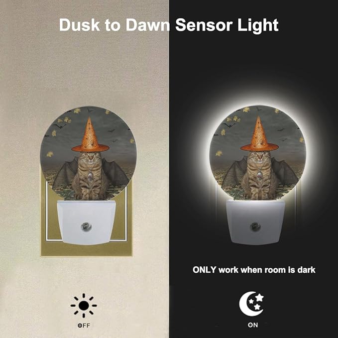 EKOBLA Halloween Bats Cat LED Night Light Autumn Maple Leaves Dusk to Dawn - Image 2