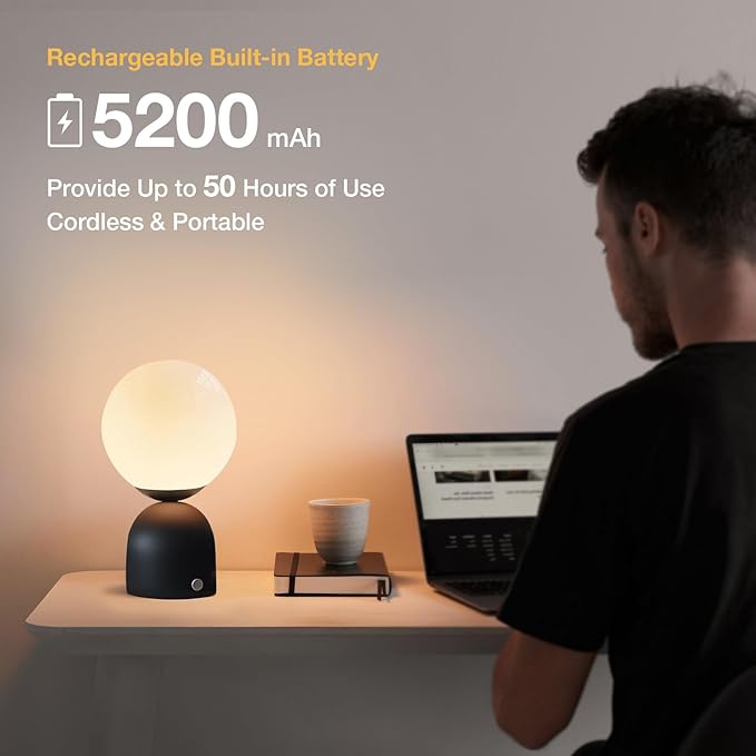 Cordless Globe Glass Table lamp Black, 5200-mAh Rechargeable Orb Lamp, 3-Level - Image 6