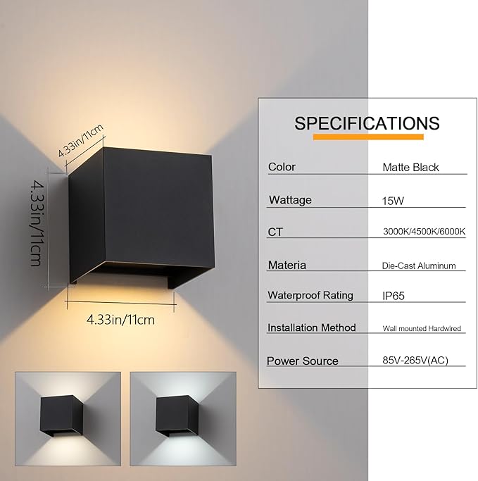 2 Pack LED Outdoor Wall Light Exterior/Interior, Modern Black Square Aluminum - Image 4