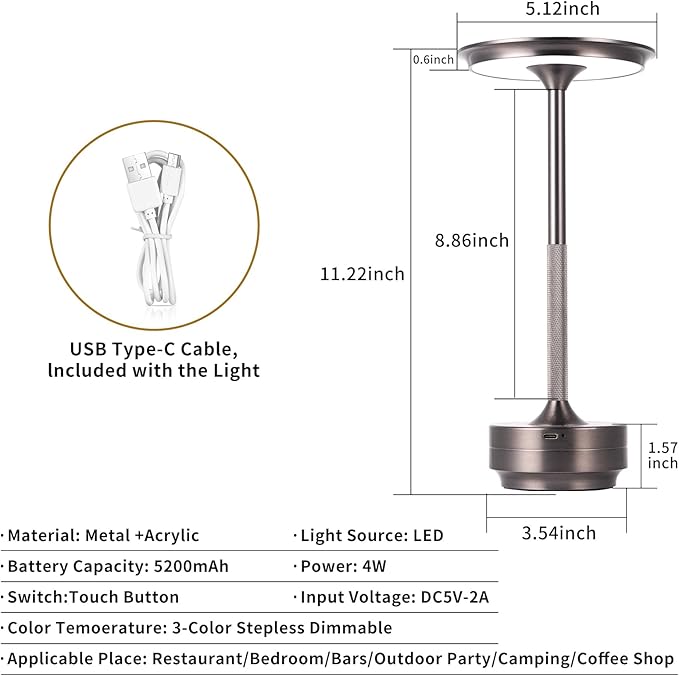 Rechargeable Cordless LED Table Lamps Touch Sensor Light, 3-Levels Portable - Image 7