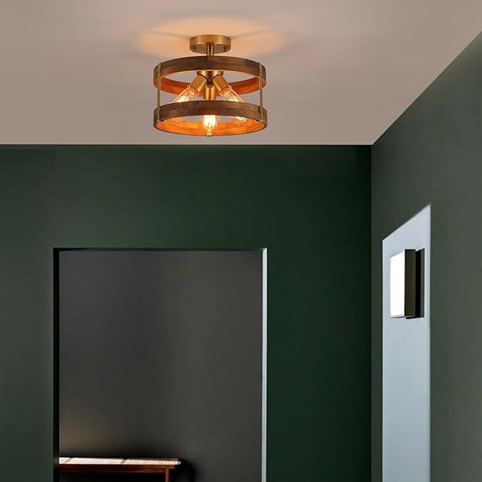 3-Light Rustic Farmhouse Wood Flush Mount Ceiling Light Fixture 12.59 inch Oak - Image 2