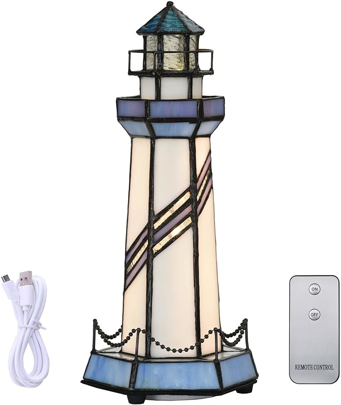 Bieye L10776 Lighthouse Tiffany Style Stained Glass Accent Table Lamp Night by Bieye