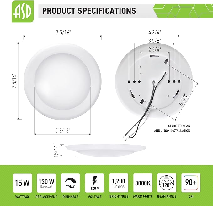 ASD 6 Inch LED Flush Mount Ceiling Light, Wet Rated Dimmable LED Disk Light - Image 4