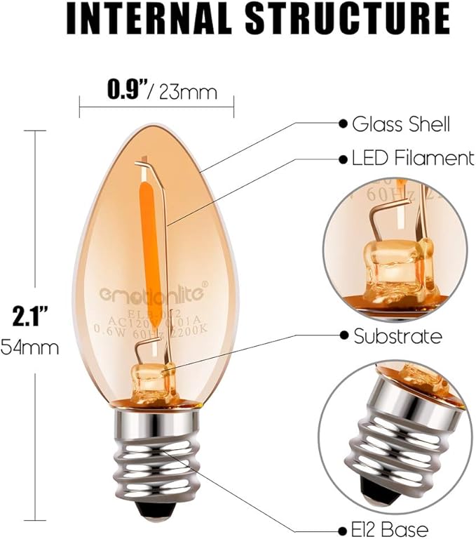 Emotionlite Night Light Bulbs, Amber LED C7 Bulb, 4W-7W Equivalent, E12 - Image 5