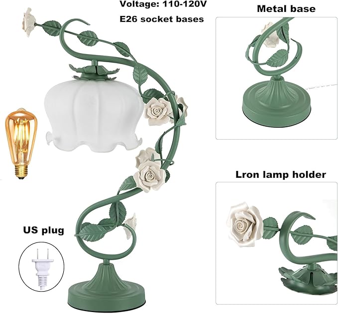 Flower Glass Table Lamp with 7.48inches Wide Bent Glass Lampshade, Floral - Image 6