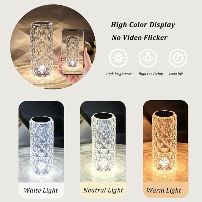 Portable Crystal Table Lamp, 3 Color Touch Control Rechargeable Lamp, Crystal - Image 6