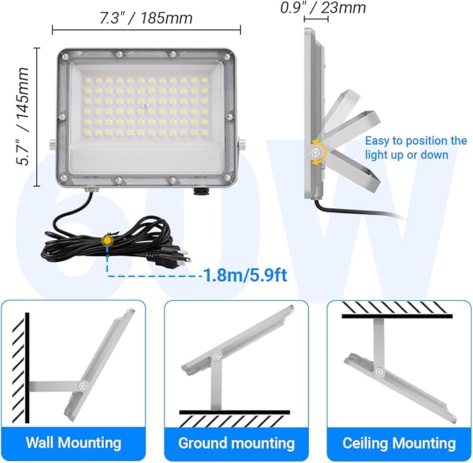 Ceena 60W Plug in LED Flood Lights Outdoor, 6000lm Super Bright LED Work Light - Image 6