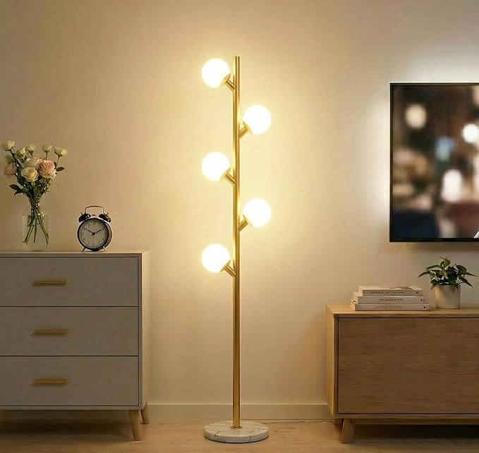 Fiqevs Modern Gold Floor Lamp for Living Room, Glass Globe Mid Century Standing by Fiqevs