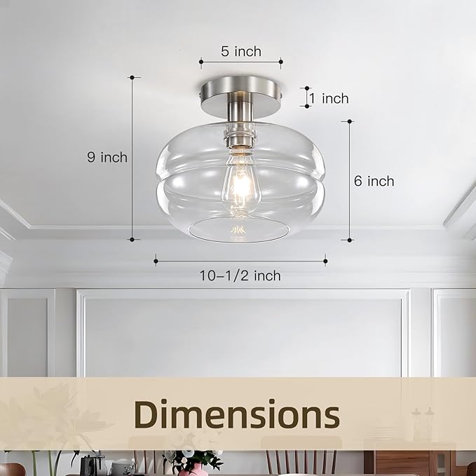 Semi Flush Mount Ceiling Light Fixture, 10-1/2 Inch Clear Glass Shade, Brushed - Image 2