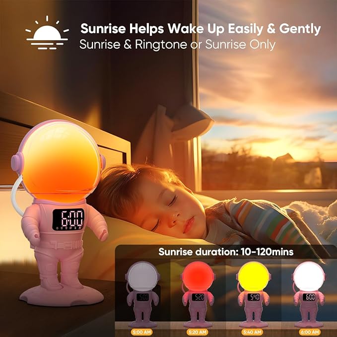 Astronaut Sunrise Alarm Clock for Kids, 22 Dimmable Nightlights, Dual Digital - Image 2