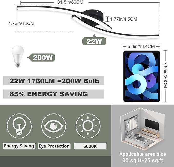 Modern LED Ceiling Light 22W Black Linear Ceiling Lights Fixture 6000K Aluminum - Image 3