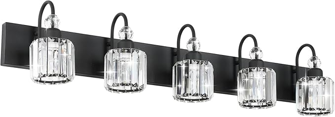 Ralbay Modern Crystal Black 5-Light Bathroom Vanity Light, Matte Black Crystal by RalbayLighting