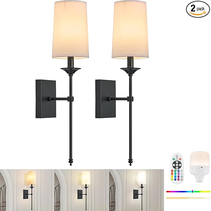 TERLEENART Rechargeable Battery Operated Wall Sconces Set of 2, Dimmable Black by TERLEENART
