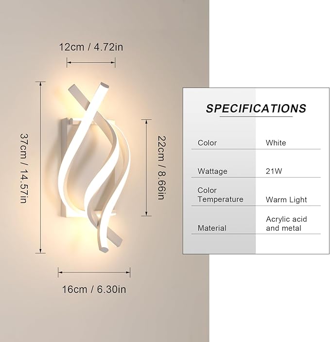 DELIPOP Modern LED Wall Sconce, 3000K Spiral Indoor Wall Light, 21W Acrylic LED - Image 2
