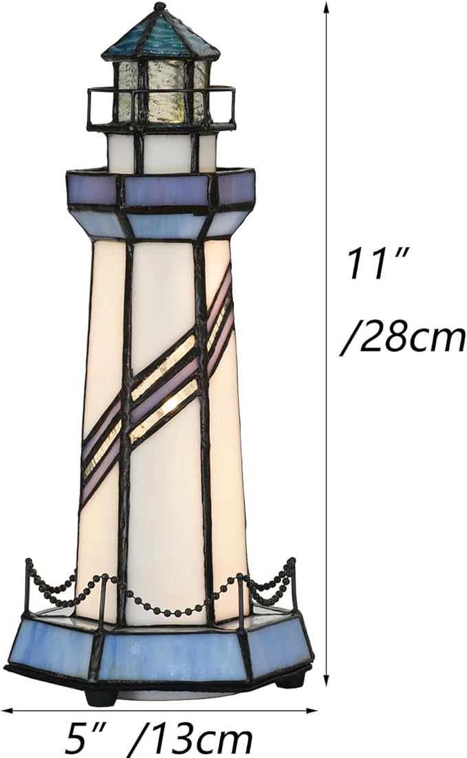 Bieye L10776 Lighthouse Tiffany Style Stained Glass Accent Table Lamp Night - Image 6