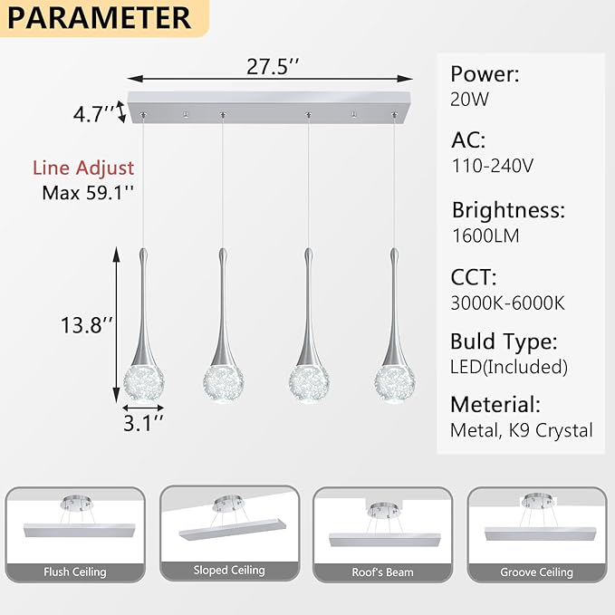 4-Lights Modern Pendant Lights for Kitchen Island LED Dimmable Crystal Glam - Image 2