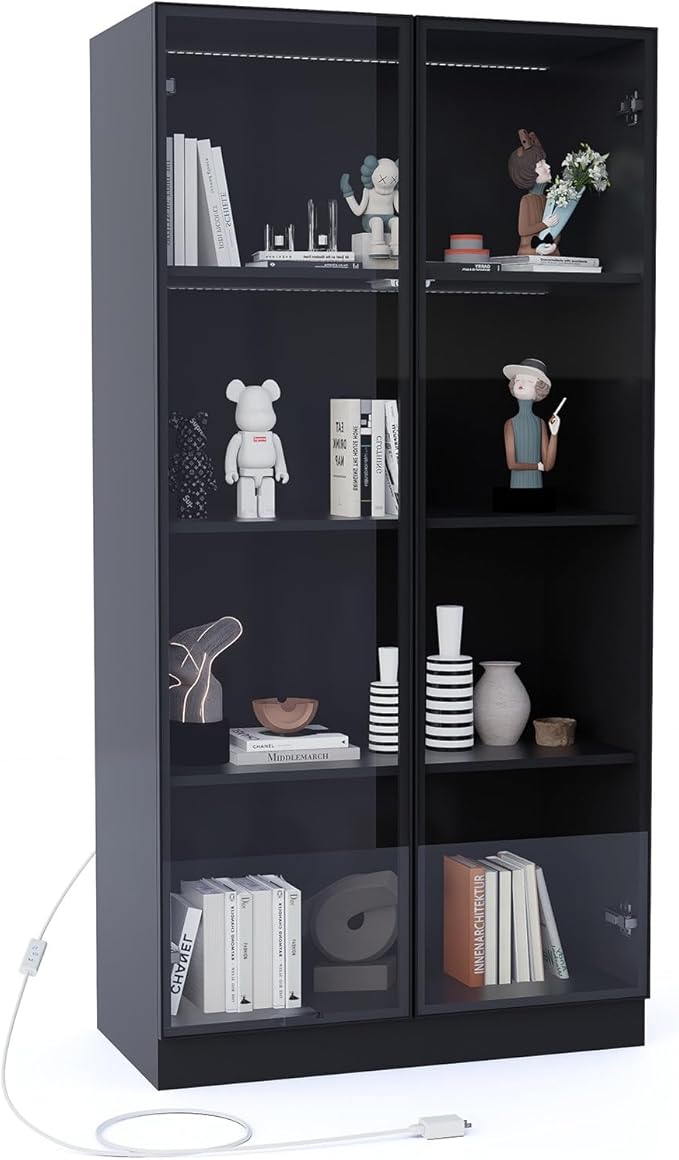 Glass Display Cabinet with LED Lights Set of 2, Display Case Bookcase with - Image 9