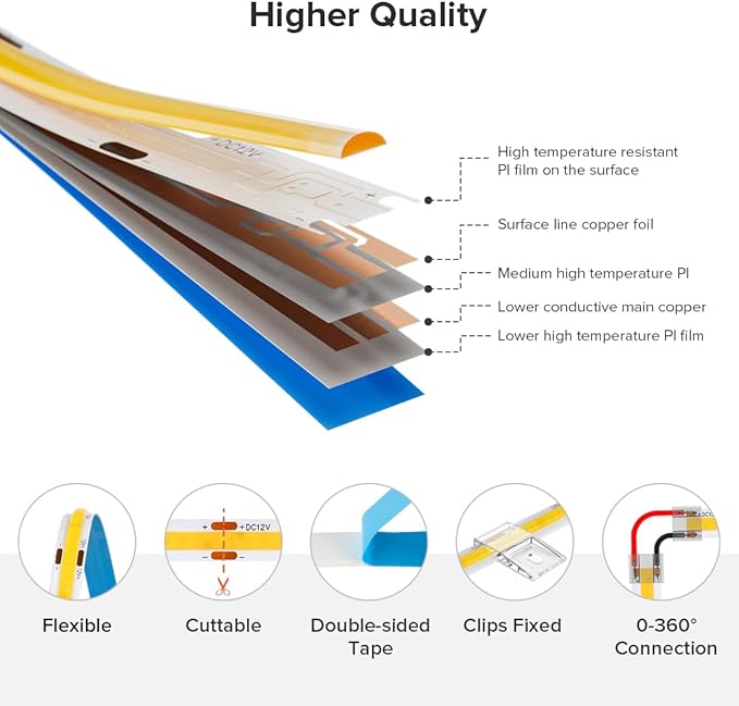 16.4FT COB LED Strip DC12V Warm White Flexible High Density Uniform Bright Light - Image 8