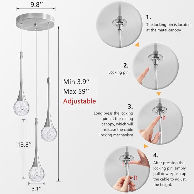 3-Lights Modern Pendant Lights for Kitchen Island LED Dimmable Crystal Glam - Image 2