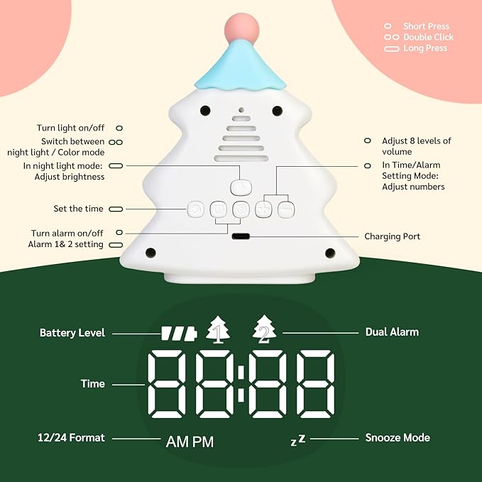 Yiliaw Kids Alarm Clock with Night Light, Christmas Tree Wake Up Clock - Image 9