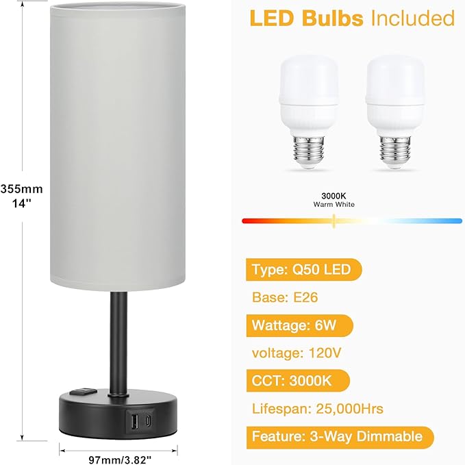 Grey Touch Table Lamps Set of 2-3 Way Dimmable Bedroom Lamps - Image 4