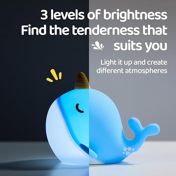 Cute Whale Night Light, Soft Narwhal Silicone LED Night Lamp, Rechargeable - Image 3