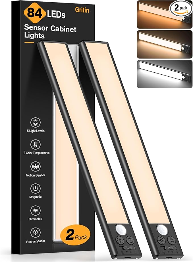Gritin 10.2inch Under Cabinet Lighting Rechargeable -84 LED Super Bright by Gritin
