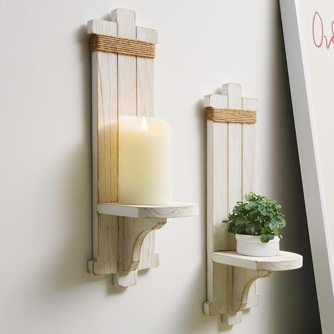 Homemory Wall Sconces Candle Holder Set of 2, Farmhouse Wooden Rustic Wall Decor - Image 3