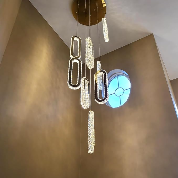 H138 High Ceiling Crystal Chandelier, Modern Oval Ring LED Chandeliers - Image 4
