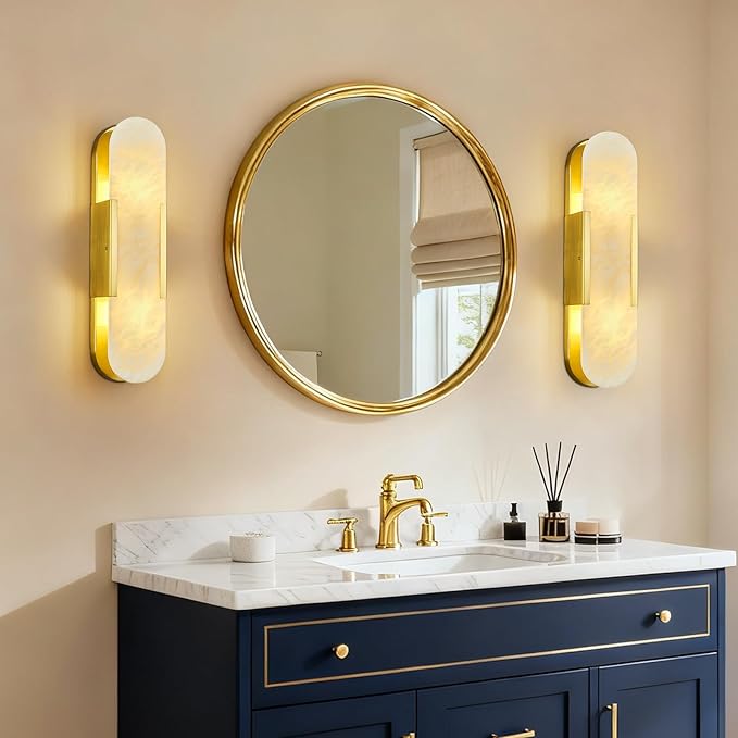 Brass Alabaster Wall Sconce, Modern Natural Marble Wall Sconces - Image 9