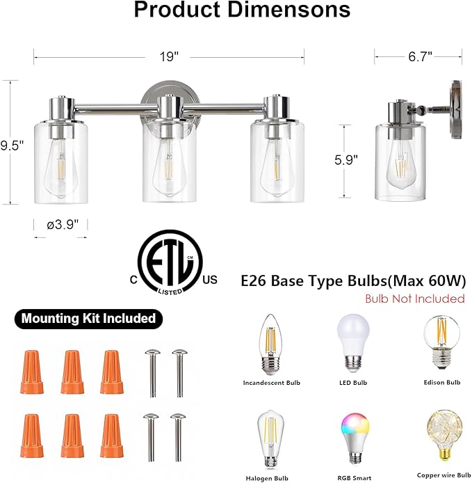 3 Light Bathroom Wall Light Fixtures Chrome Bathroom Wall Sconce - Image 2