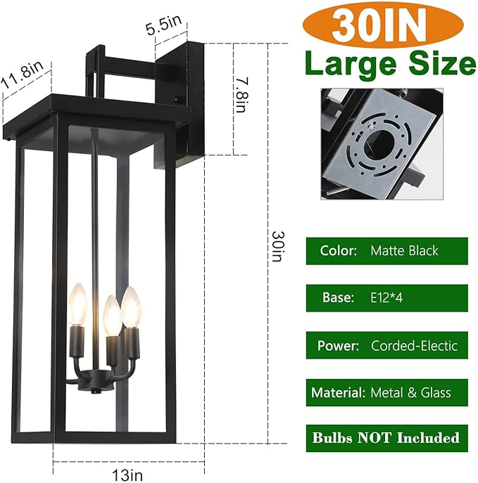 tewei 30In Large Size Square Outdoor Wall Lantern, Modern Black Outside Light - Image 4