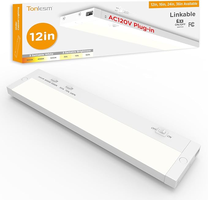 12 Inch Under Cabinet Lighting Plug in, 7W 120V 3 Color 3000K/4000K/5000K by Tonlesm