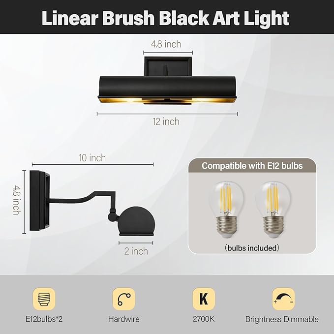 Black Dimmable Art Picture Light: 12" Brass Hardwired Display Wall Lights - Image 3