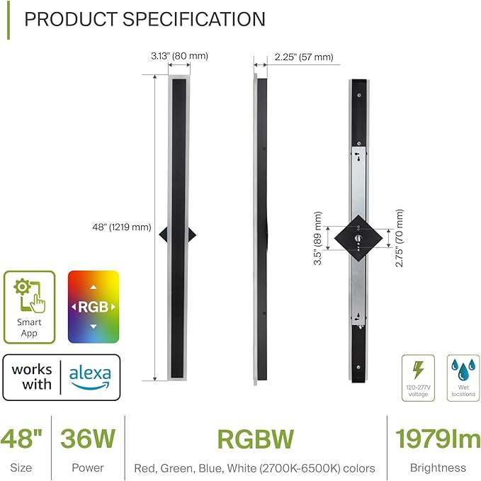 ASD LED 48" Long Wall Mount Light Fixture, Outdoor & Indoor Linear Sconce | RGBW - Image 2
