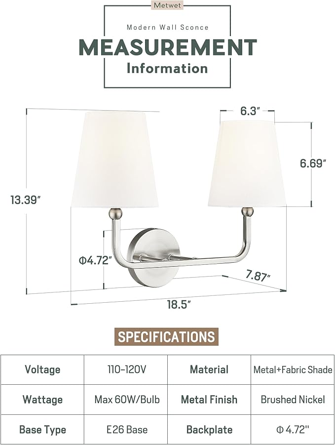 2-Light Bathroom Light Fixtures, Brushed Nickel Vanity Lights, Double Wall - Image 3