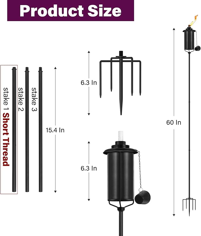 6-Pack Garden Metal Torches, 16 oz Heavy-Duty Outdoor Torch Lights - Image 2