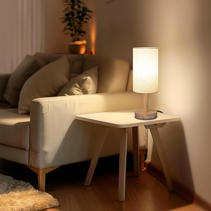 Small Table Lamp for Bedroom, Nightstand Lamp Linen Lampshade Bedroom Wood Base - Image 3