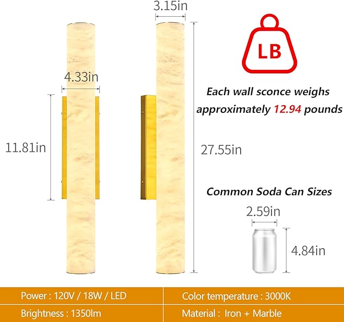LMQNINE Natural Alabaster Wall Sconces Spanish Marble Wall Light Cylinder - Image 3