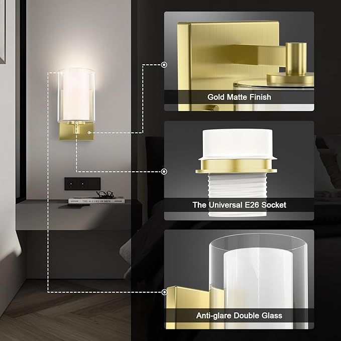 Kalium Bathroom Wall Sconces Set of Two Gold Double Clear Glass Shade Modern - Image 2