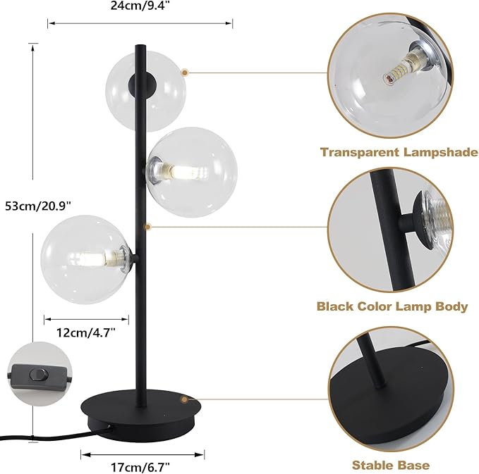 3-Light Black Table Lamp, Mid Century Nightstand Lamp - Image 2