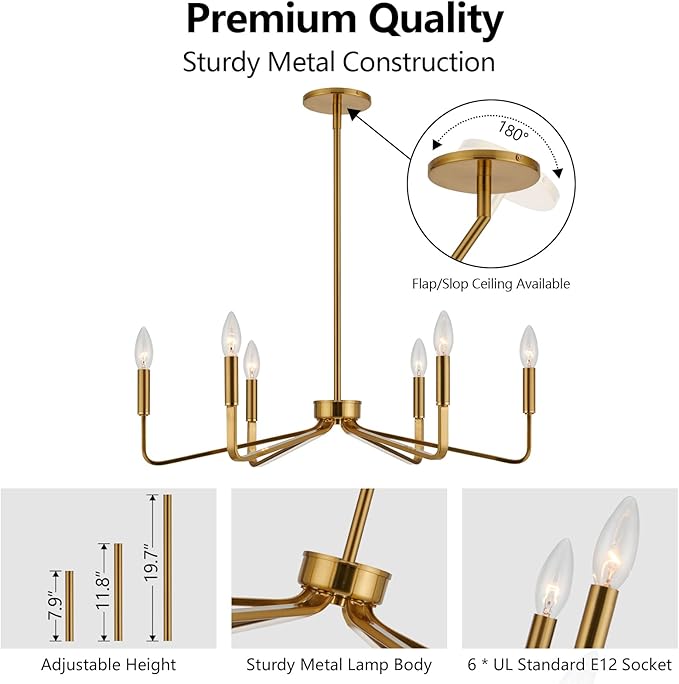 Brushed Gold Chandeliers for Dining Room, 6-Light Modern Farmhouse Chandelier - Image 3