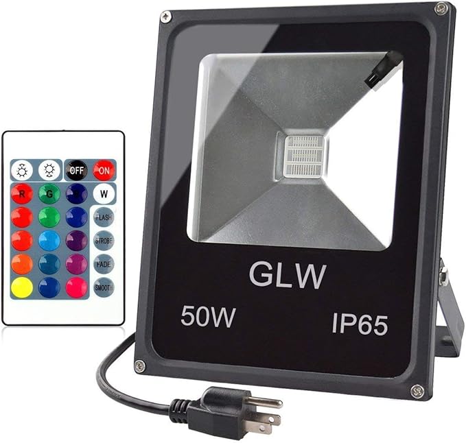 RGB LED Flood Lights, 50W Outdoor Super Bright Spotlight, High Power 16 Colors by GLW