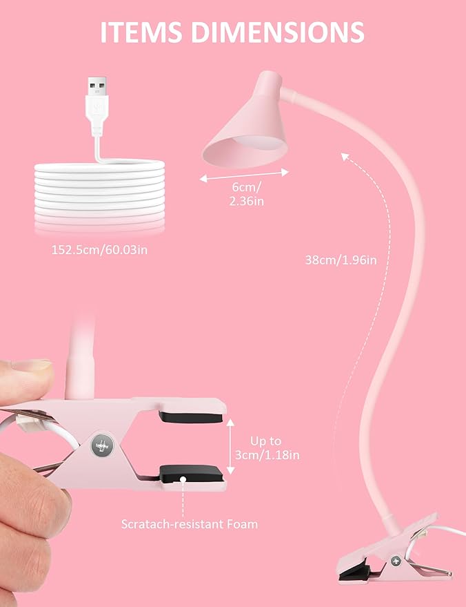 Pink Small Desk Lamp Clip on LED Reading Light - Image 5