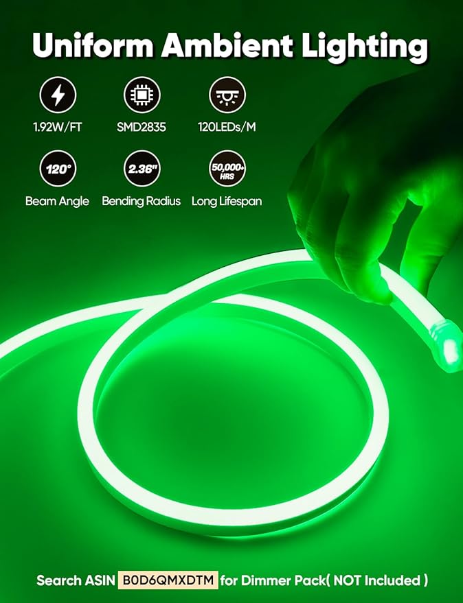 33FT Green LED Neon Rope Lights, AC 110-120V Flexible Neon Strip Outdoor - Image 2