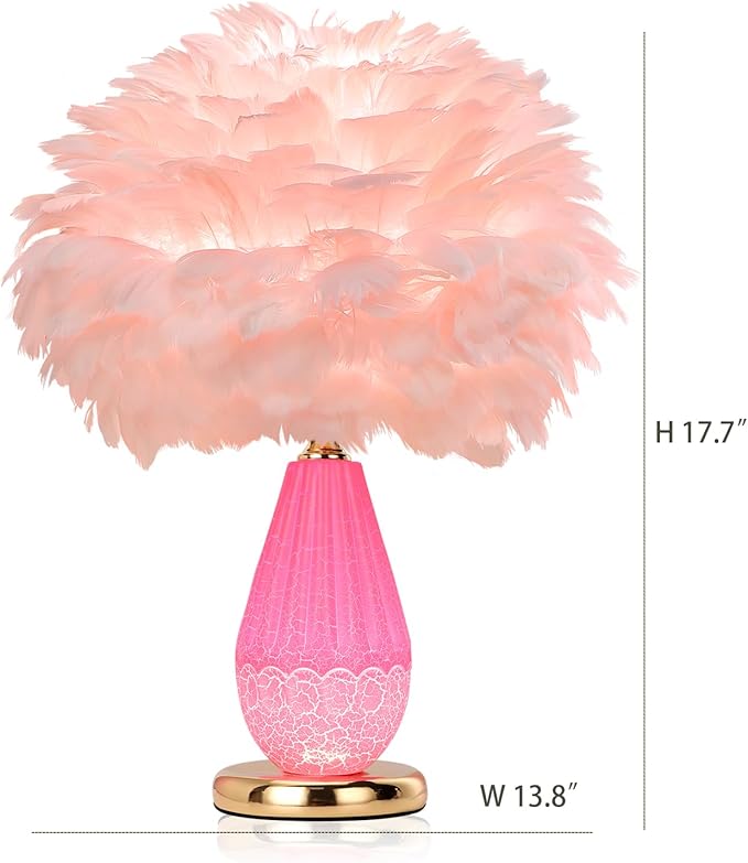 Pink Feather Lamp with Cracked Ice Glass Bottle & Gold Base, Dual Light 3 Color - Image 6