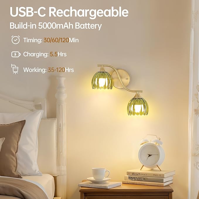 Battery Operated Wall Sconce, 2-Lights Vinatge Brass Wall Lighting - Image 7