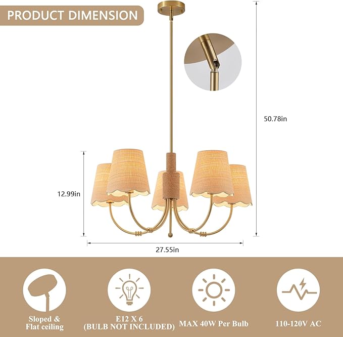 Boho Rattan Chandelier with Fabric Shade, Antique Gold Brass Farmhouse - Image 2