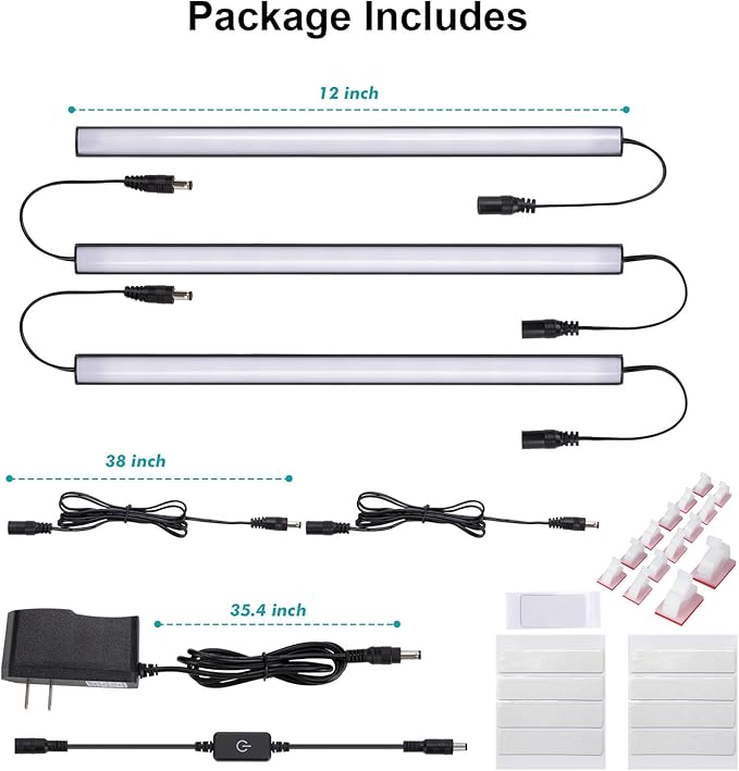 3 Pcs 12 Inch LED Under Cabinet Lighting, Dimmable Closet Light, Plug and Play - Image 6